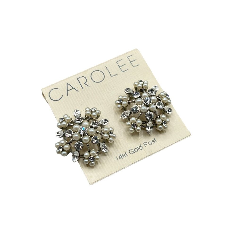 Carolee Earrings Rhinestones & Pearl Silver Tone Floral Formal Pierced Studs NOS